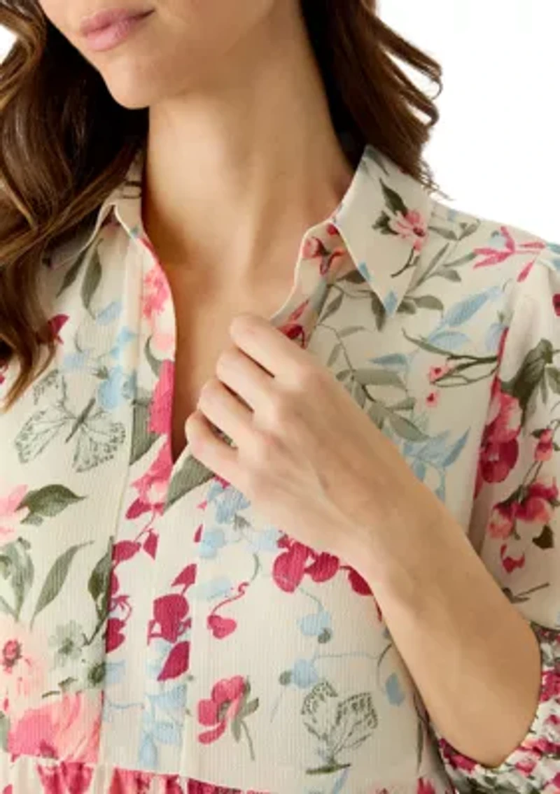 Women's Short Sleeve Floral Midi Shirt Dress