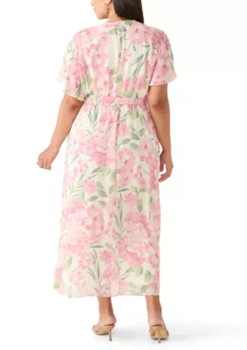 Plus Flutter Sleeve Floral Wrap Dress