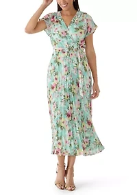Women's V-Neck Floral Tie Waist Midi Dress