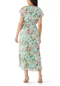 Women's V-Neck Floral Tie Waist Midi Dress