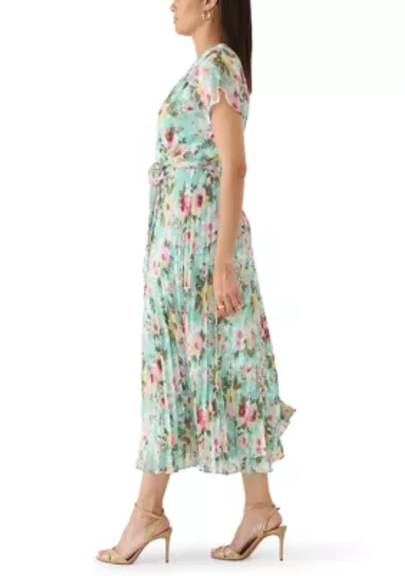 Women's V-Neck Floral Tie Waist Midi Dress