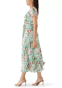 Women's V-Neck Floral Tie Waist Midi Dress