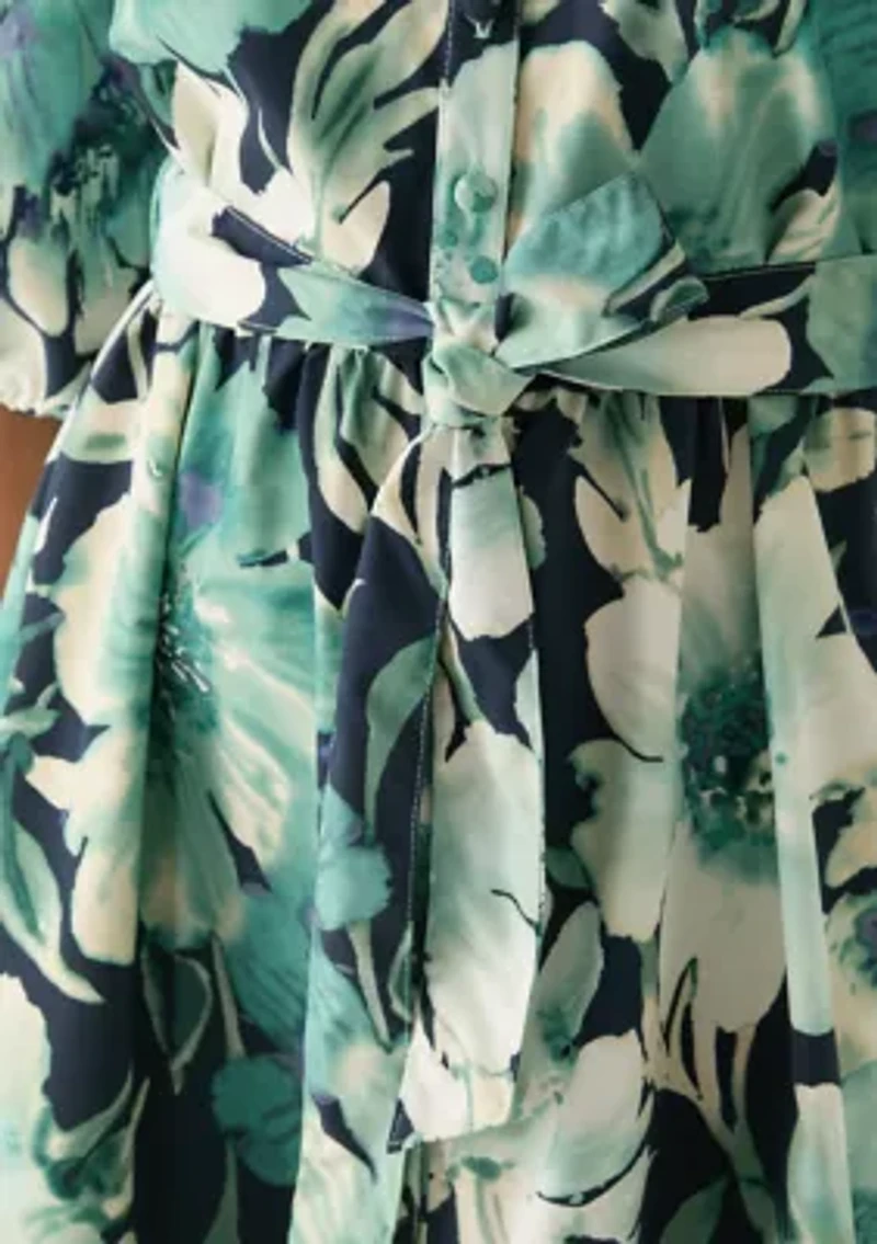 Women's Puff Sleeve Printed Floral Shirtdress