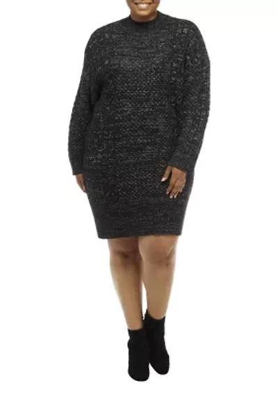 Plus Mock Neck Mix Stitch Shift Sweater Dress