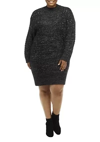Plus Mock Neck Mix Stitch Shift Sweater Dress