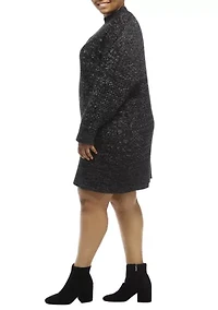Plus Mock Neck Mix Stitch Shift Sweater Dress