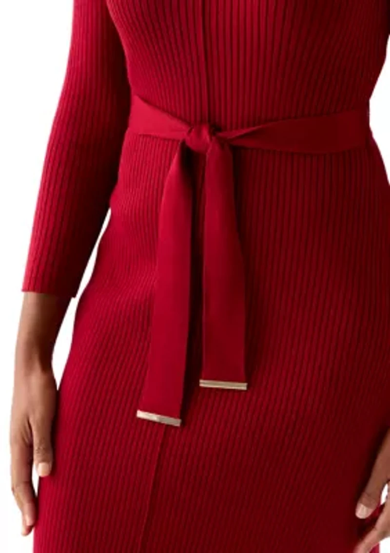 Women's Belted Ribbed Sweater Dress