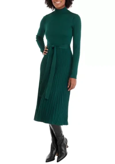Women's Long Sleeve Mock Neck Tie Waist Fit and Flare Sweater Dress