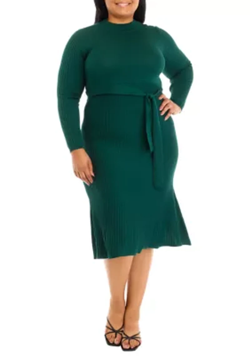 Plus Long Sleeve High Neck Belted Pleated Fit and Flare Dress