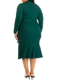 Plus Long Sleeve High Neck Belted Pleated Fit and Flare Dress