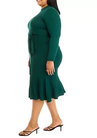 Plus Long Sleeve High Neck Belted Pleated Fit and Flare Dress