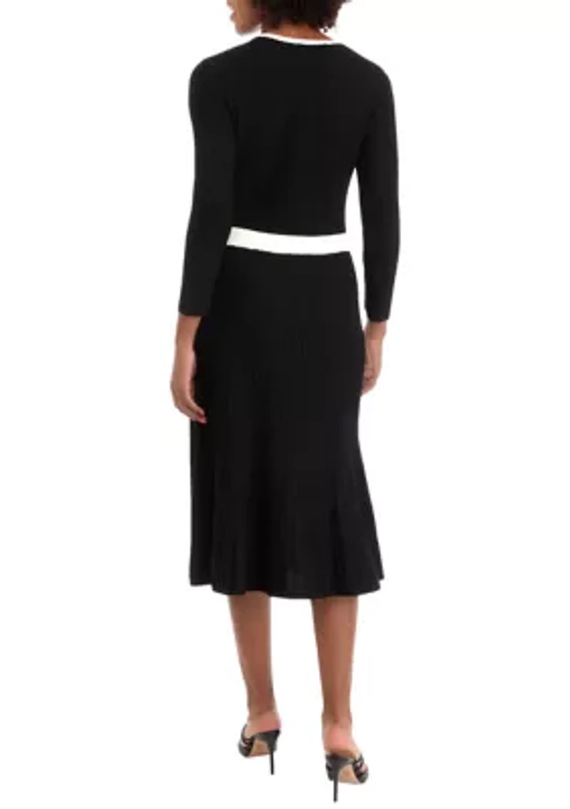 Women's Long Sleeve Solid A-Line Sweater Dress with Contrast Trim