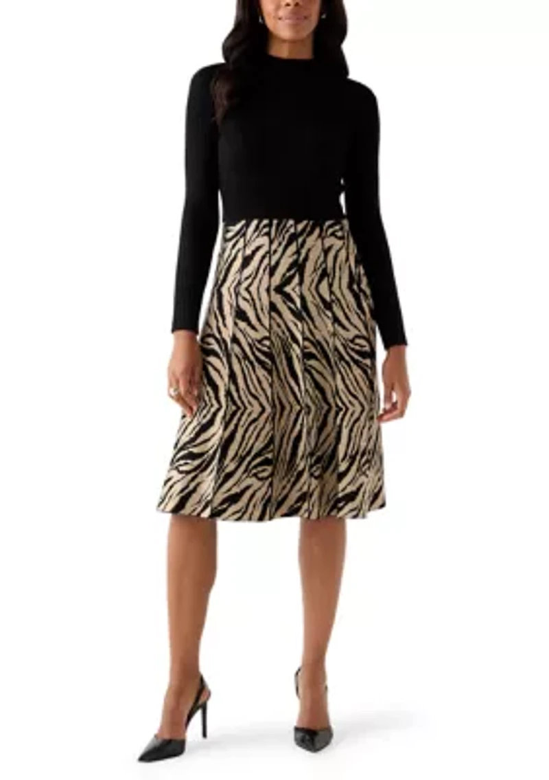 Women's Long Sleeve Mock Neck Fit and Flare Sweater Dress