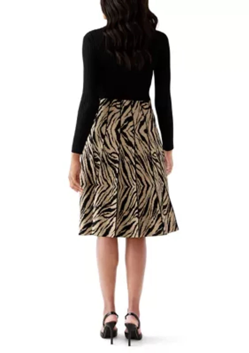 Women's Long Sleeve Mock Neck Fit and Flare Sweater Dress