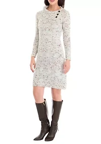 Women's Long Sleeve Button Accent Sweater Sheath Dress