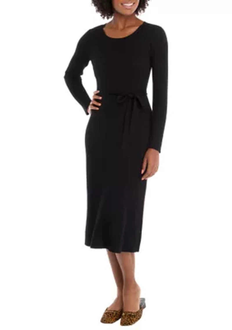 Women's Long Sleeve Tie Waist Fit-and-Flare Sweater Dress