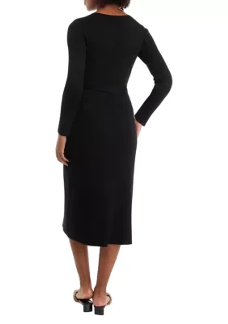Women's Long Sleeve Tie Waist Fit-and-Flare Sweater Dress