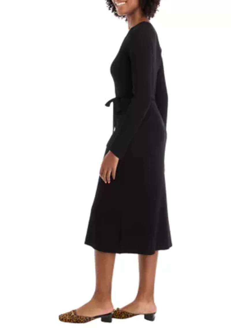 Women's Long Sleeve Tie Waist Fit-and-Flare Sweater Dress