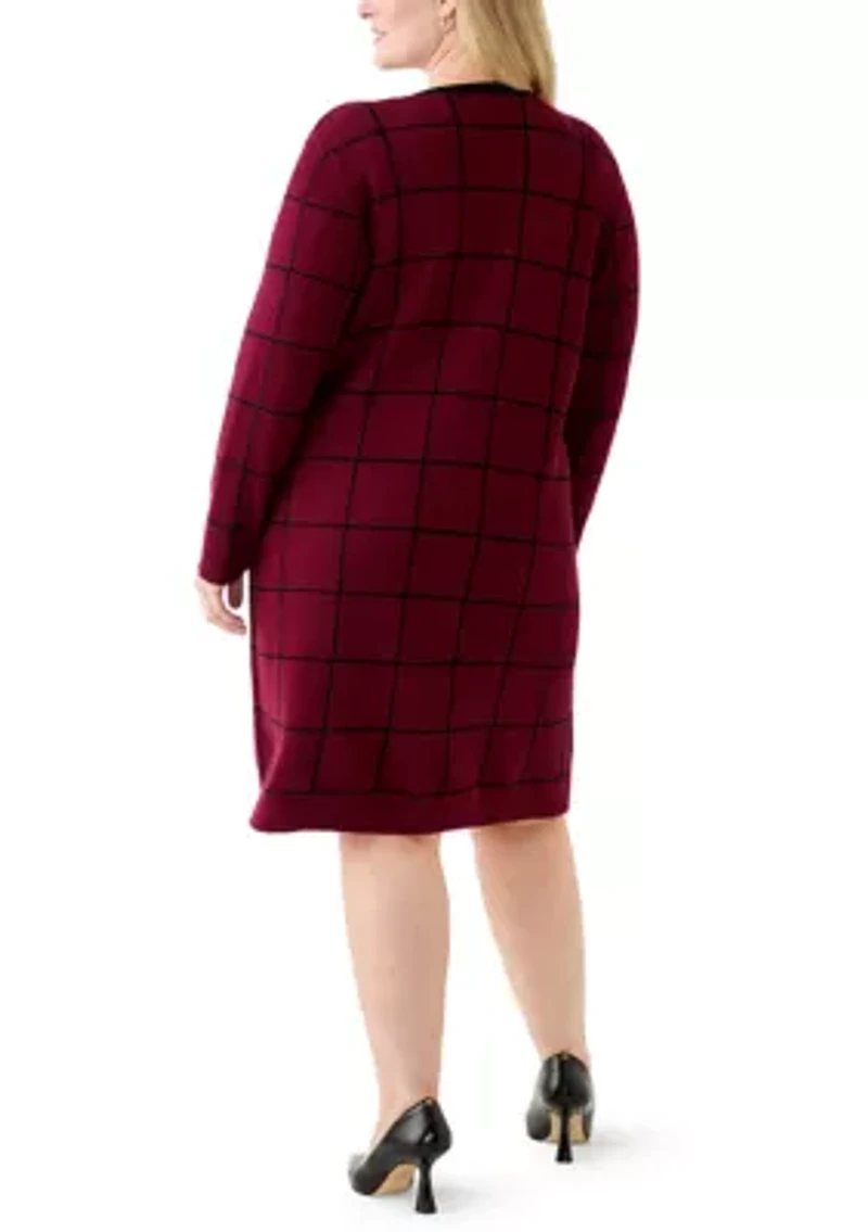 Plus Long Sleeve Crew Neck Geometric Print A-Line Sweater Dress