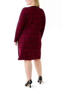 Plus Long Sleeve Crew Neck Geometric Print A-Line Sweater Dress