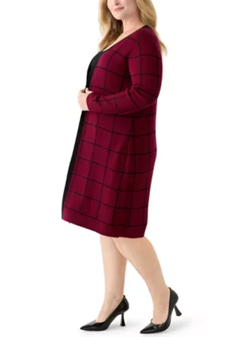Plus Long Sleeve Crew Neck Geometric Print A-Line Sweater Dress