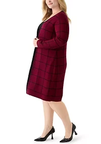 Plus Long Sleeve Crew Neck Geometric Print A-Line Sweater Dress