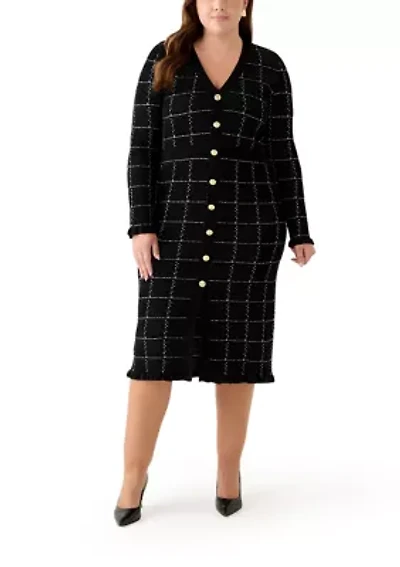 Plus V-Neck Solid Geo Print Sweater Dress