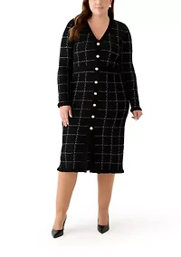 Plus V-Neck Solid Geo Print Sweater Dress