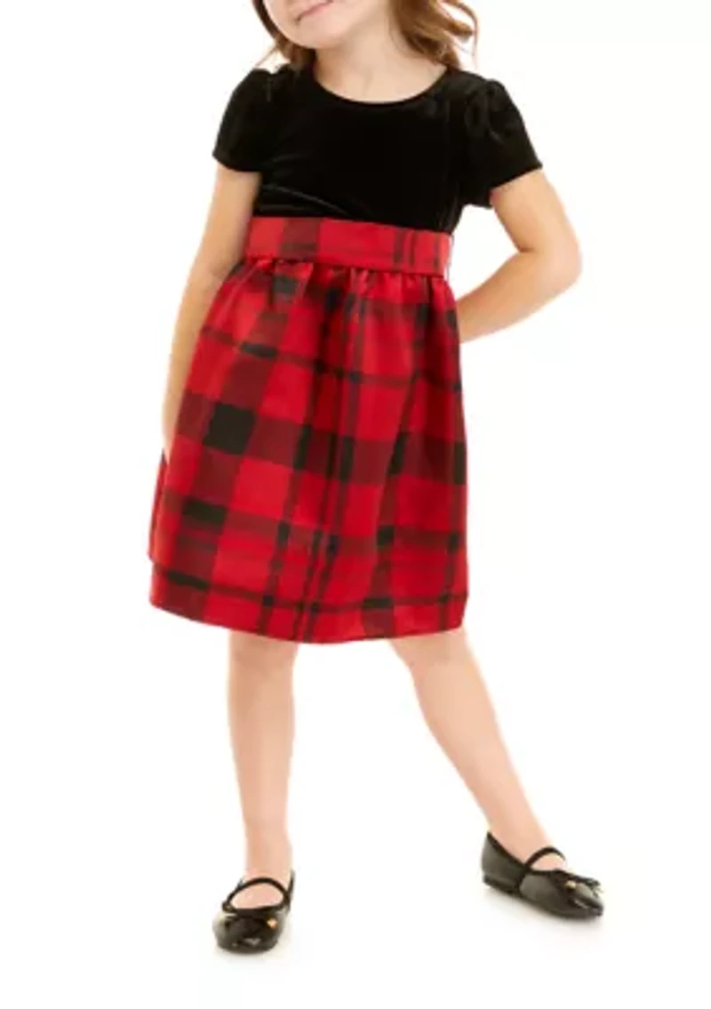 Toddler Girls Short Sleeve Babydoll 2 Tone Plaid Dress
