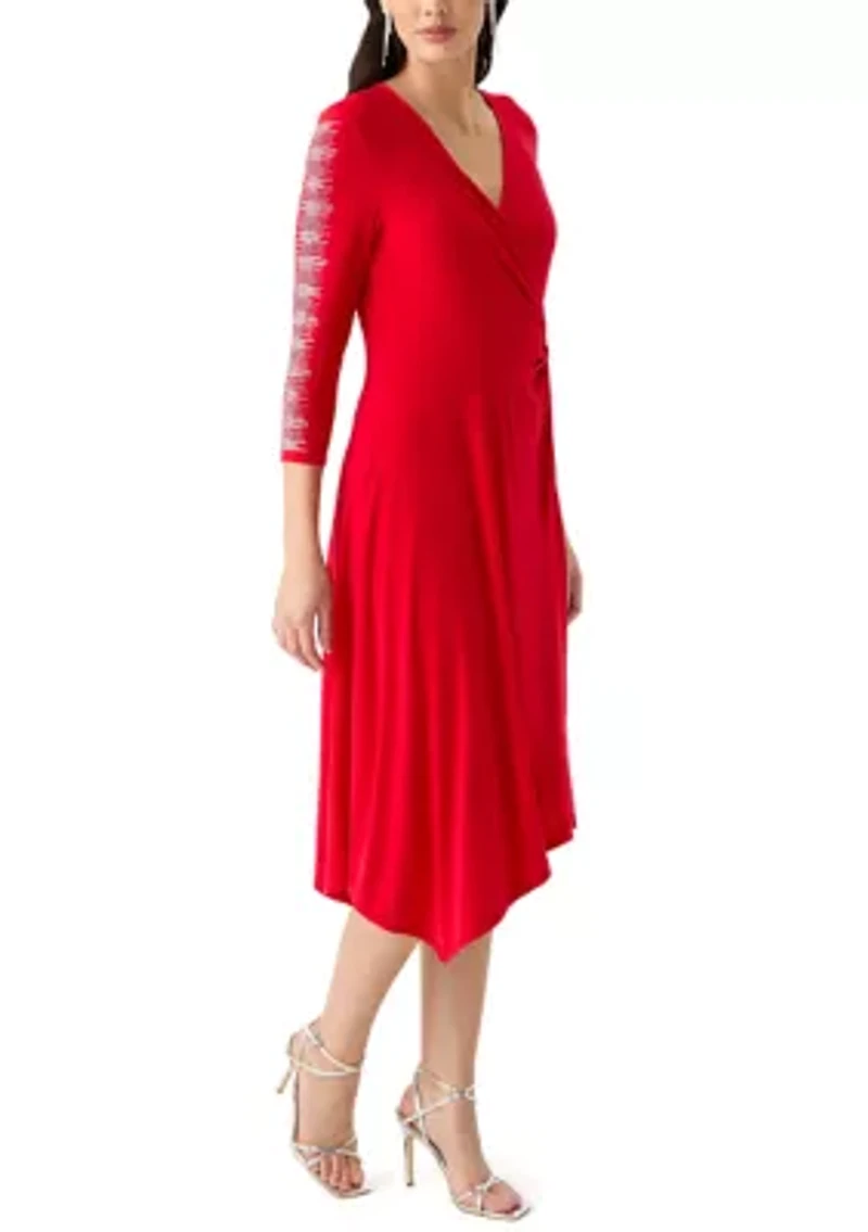 Women's 3/4 Sleeve V-Neck Solid Fit and Flare Dress