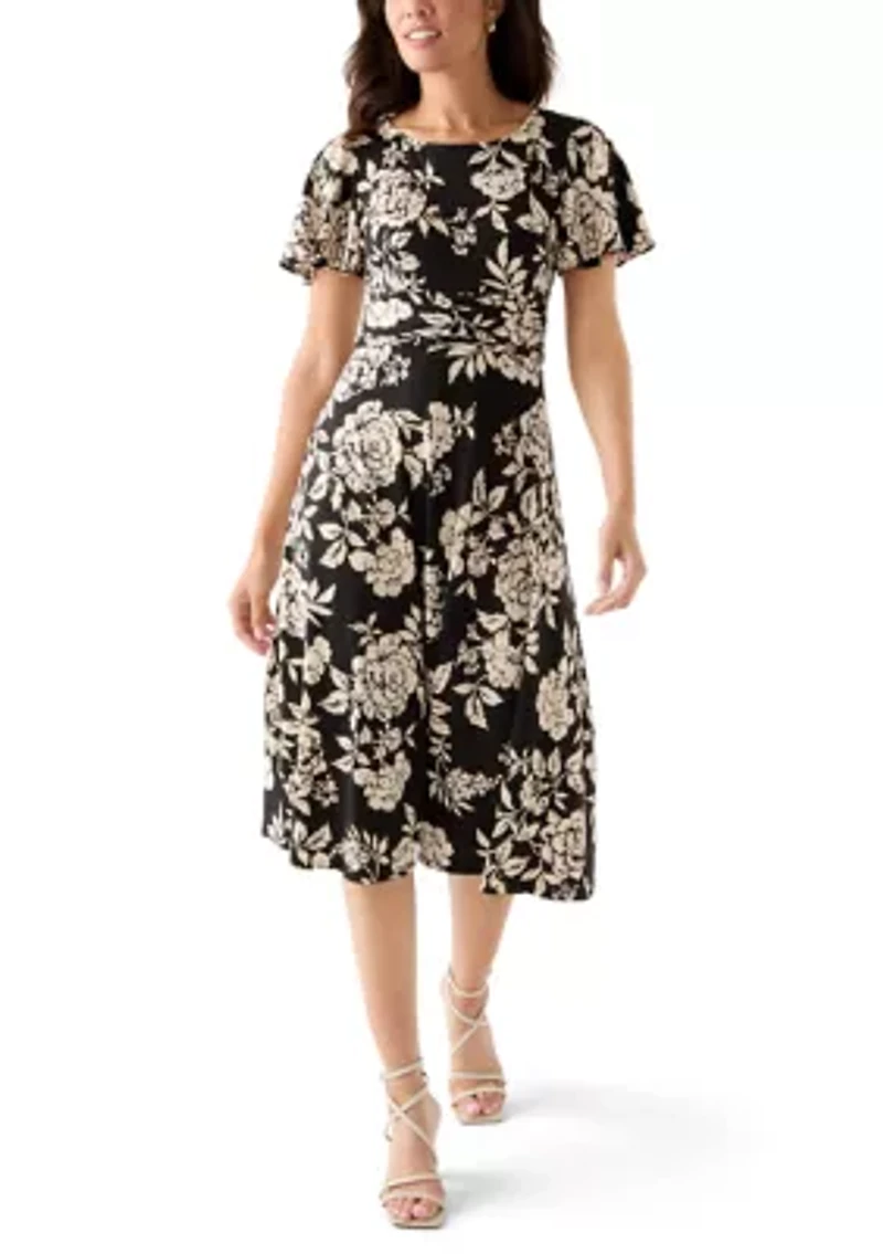 Women's Short Sleeve Floral Print Fit-and-Flare Dress