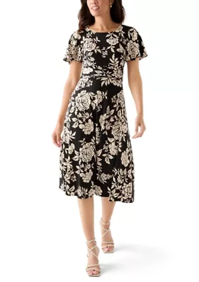 Women's Short Sleeve Floral Print Fit-and-Flare Dress