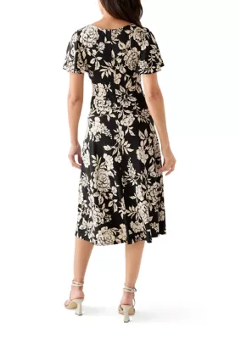 Women's Short Sleeve Floral Print Fit-and-Flare Dress