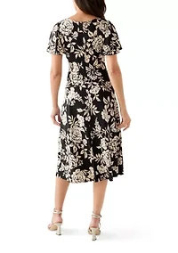Women's Short Sleeve Floral Print Fit-and-Flare Dress