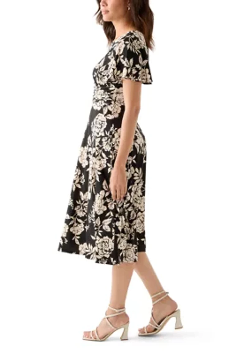 Women's Short Sleeve Floral Print Fit-and-Flare Dress