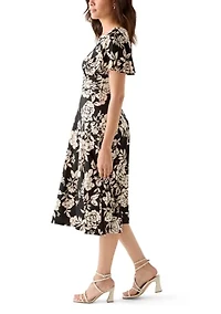 Women's Short Sleeve Floral Print Fit-and-Flare Dress