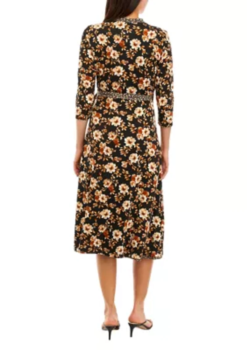 Women's 3/4 Sleeve V-Neck Floral Printed Wrap Dress