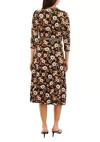 Women's 3/4 Sleeve V-Neck Floral Printed Wrap Dress