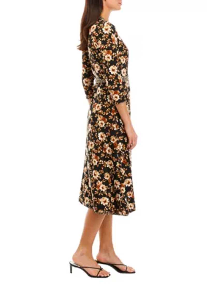 Women's 3/4 Sleeve V-Neck Floral Printed Wrap Dress