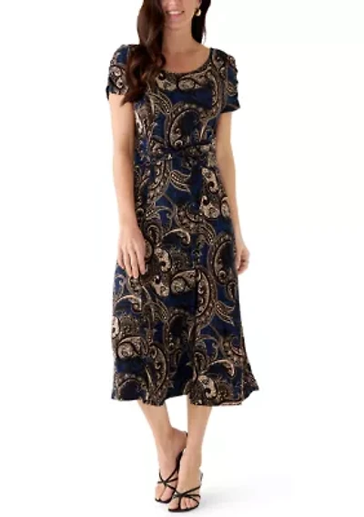 Women's Short Sleeve Paisley Midi Dress
