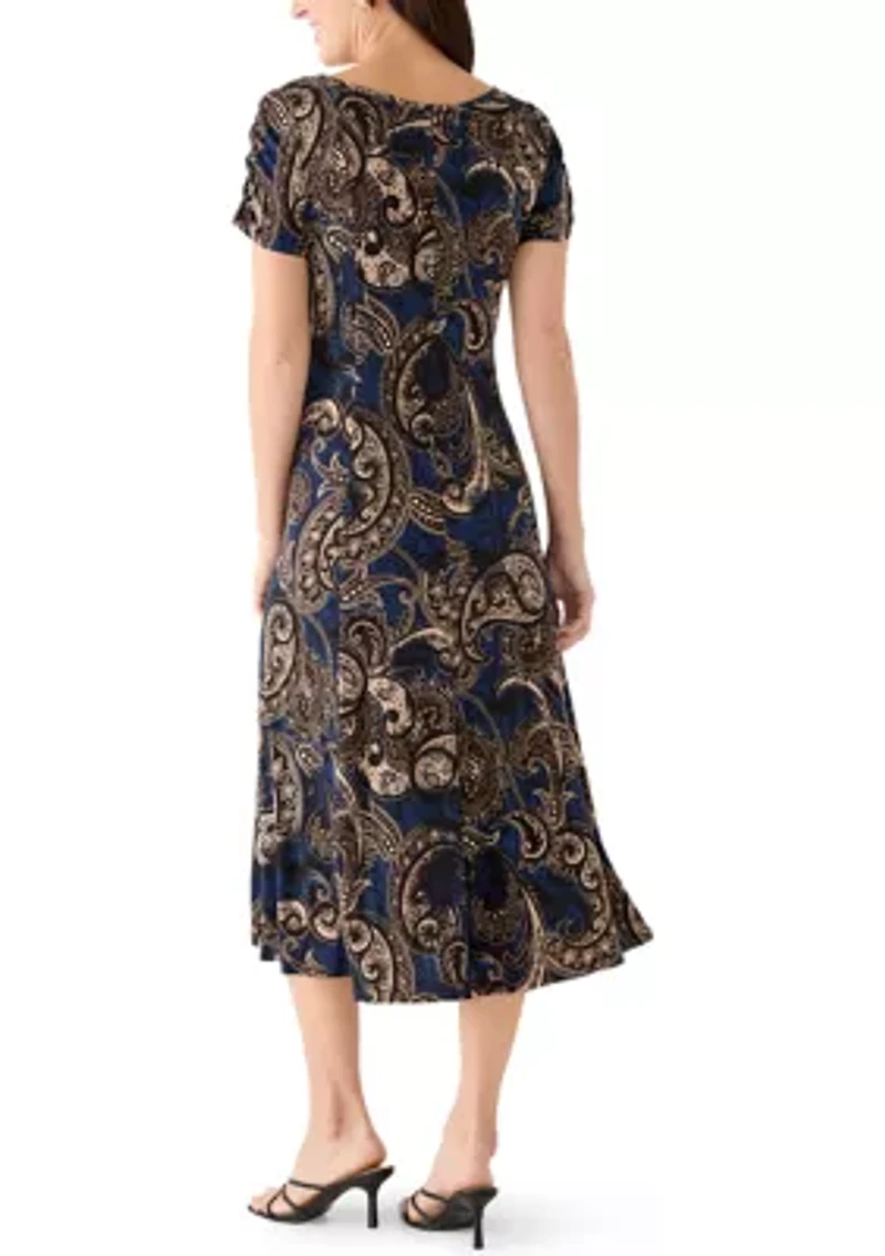 Women's Short Sleeve Paisley Midi Dress