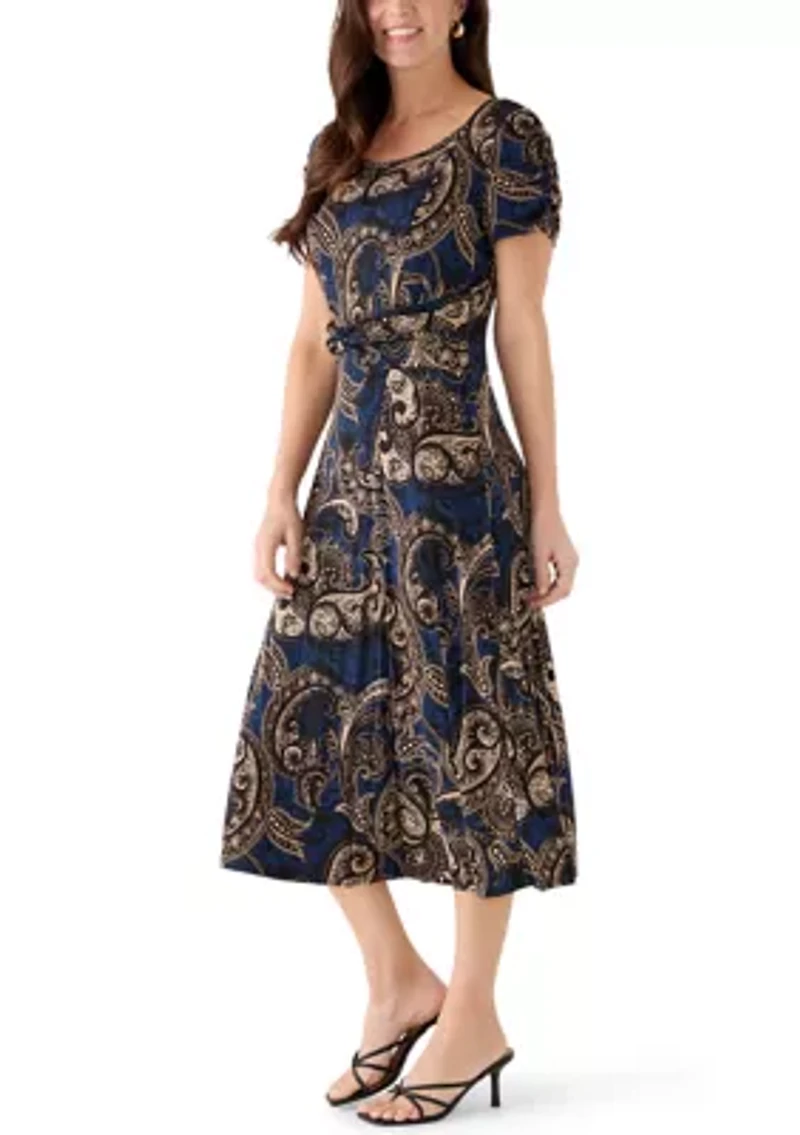 Women's Short Sleeve Paisley Midi Dress