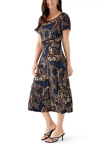 Women's Short Sleeve Paisley Midi Dress
