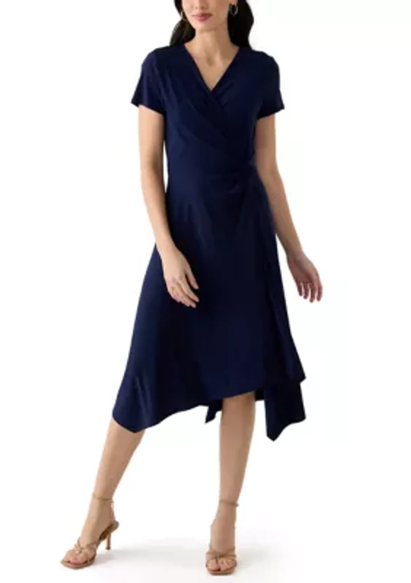 Women's Short Sleeve V-Neck Solid Wrap Dress
