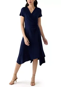 Women's Short Sleeve V-Neck Solid Wrap Dress