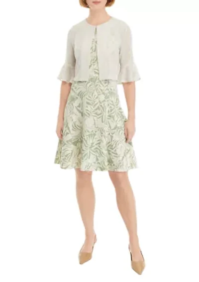 Women's 3/4 Bell Sleeve Leaf Print A-Line Jacket Dress