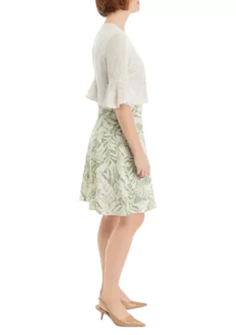 Women's 3/4 Bell Sleeve Leaf Print A-Line Jacket Dress