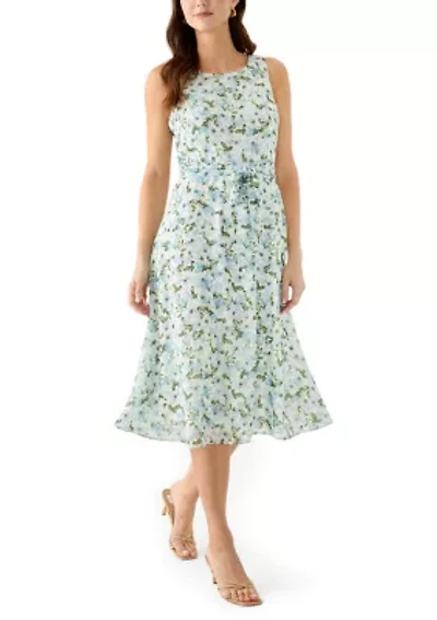 Women's Sleeveless Crew Neck Ditsy Floral A-Line Dress