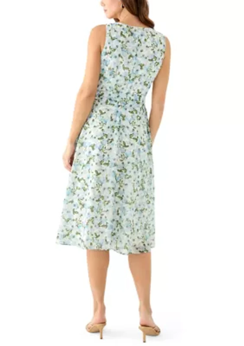 Women's Sleeveless Crew Neck Ditsy Floral A-Line Dress