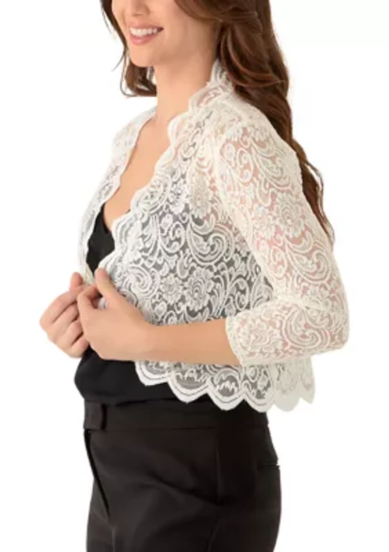 Women's Long Sleeve Scalloped Edge Lace Shrug